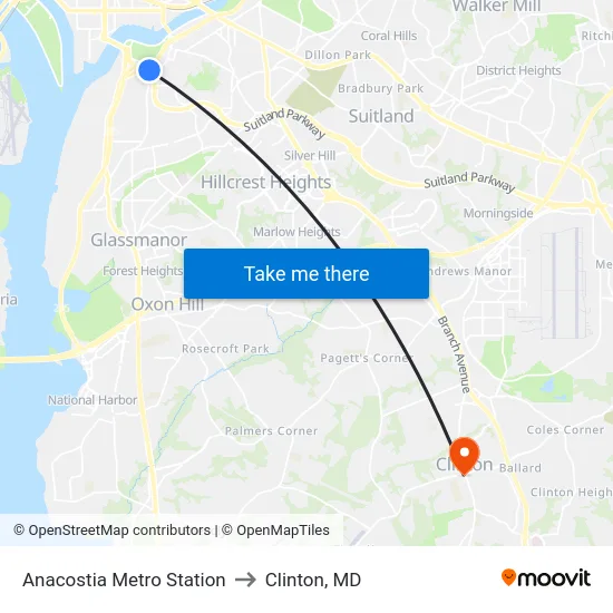 Anacostia Metro Station to Clinton, MD map