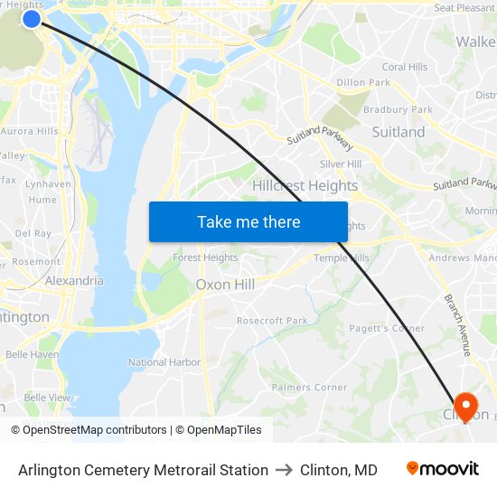 Arlington Cemetery  Metrorail Station to Clinton, MD map