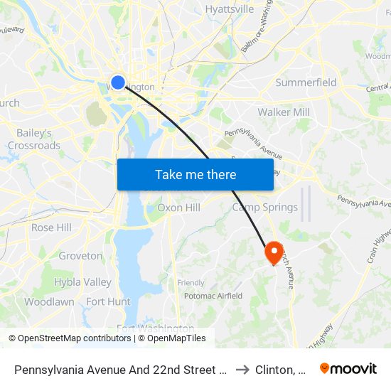 Pennsylvania Avenue And 22nd Street NW to Clinton, MD map