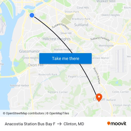 Anacostia Station Bus Bay F to Clinton, MD map