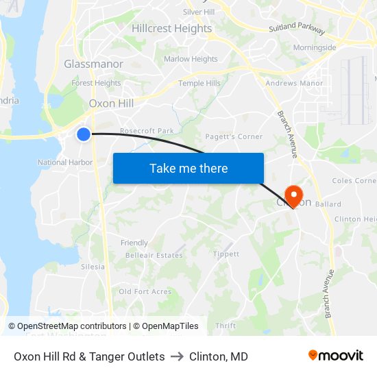 Oxon Hill Rd & Tanger Outlets to Clinton, MD map