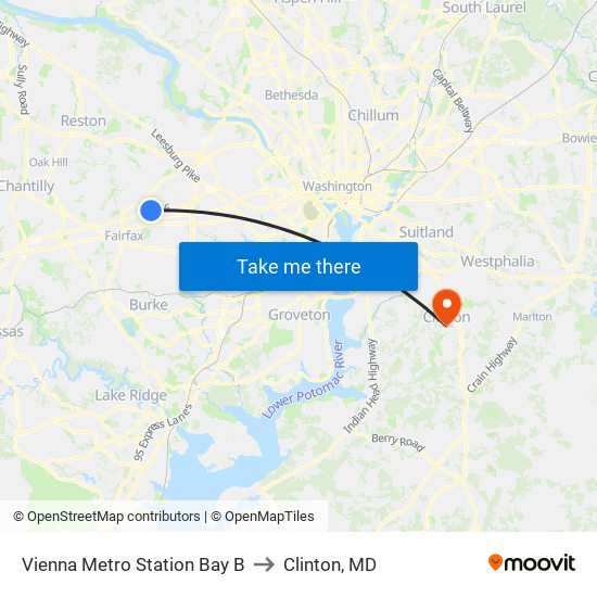 Vienna Metro Station Bay B to Clinton, MD map