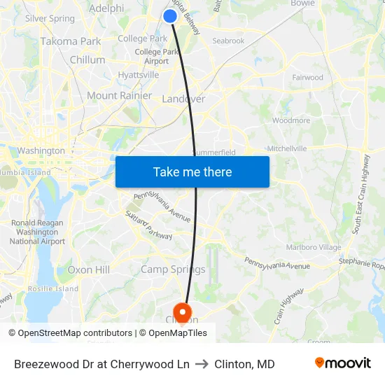 Breezewood Dr at Cherrywood Ln to Clinton, MD map
