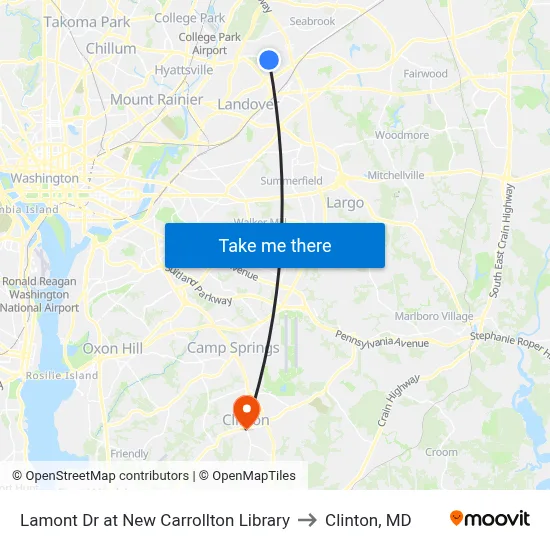 Lamont Dr at New Carrollton Library to Clinton, MD map