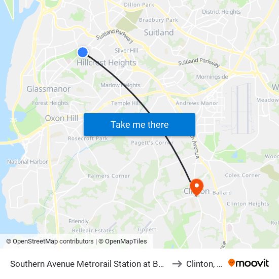 Southern Avenue Metrorail Station at Bus Bay K to Clinton, MD map