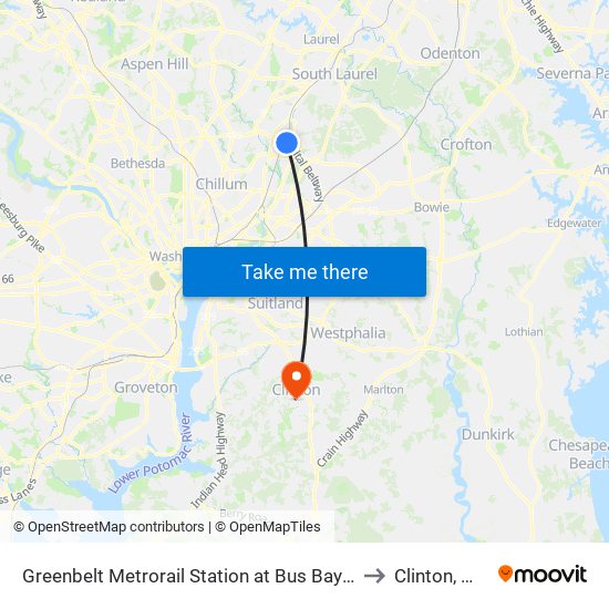 Greenbelt Metrorail Station at Bus Bay E to Clinton, MD map