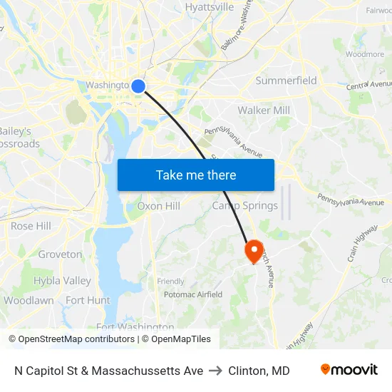 N Capitol St & Massachussetts Ave to Clinton, MD map