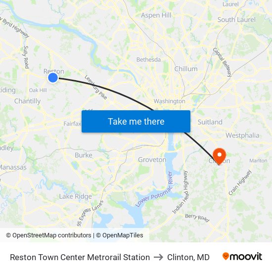 Reston Town Center Metrorail Station to Clinton, MD map