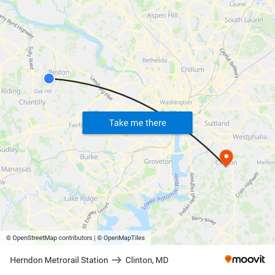 Herndon Metrorail Station to Clinton, MD map
