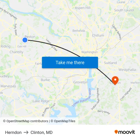 Herndon to Clinton, MD map