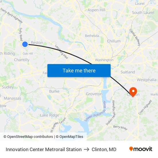 Innovation Center Metrorail Station to Clinton, MD map