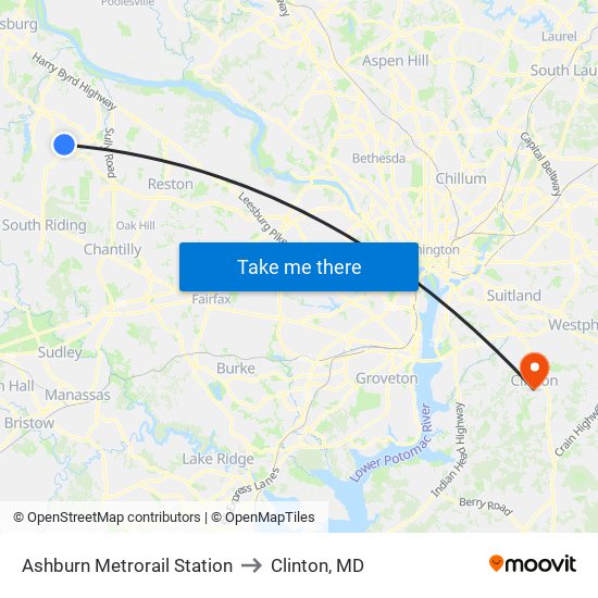 Ashburn Metrorail Station to Clinton, MD map