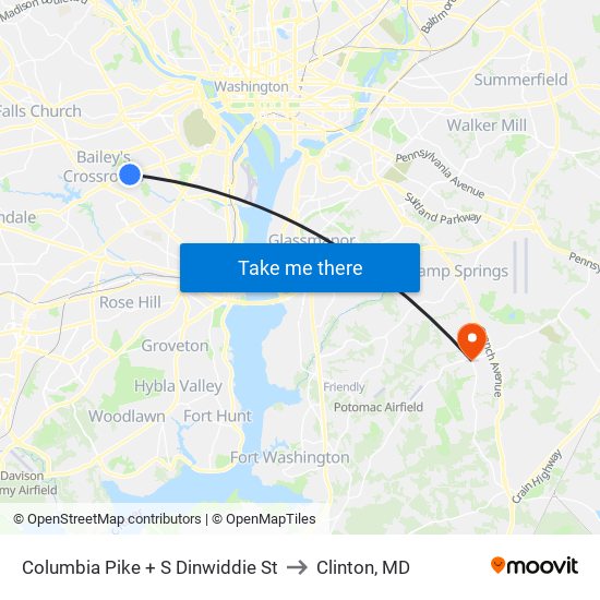 Columbia Pike + S Dinwiddie St to Clinton, MD map
