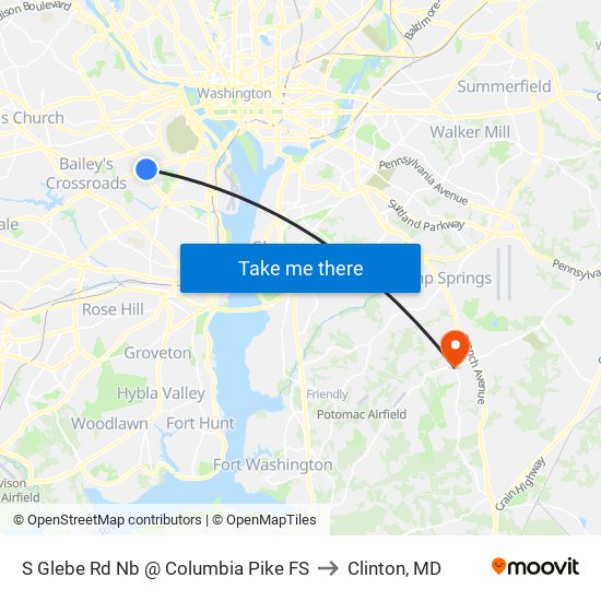S Glebe Rd Nb @ Columbia Pike FS to Clinton, MD map