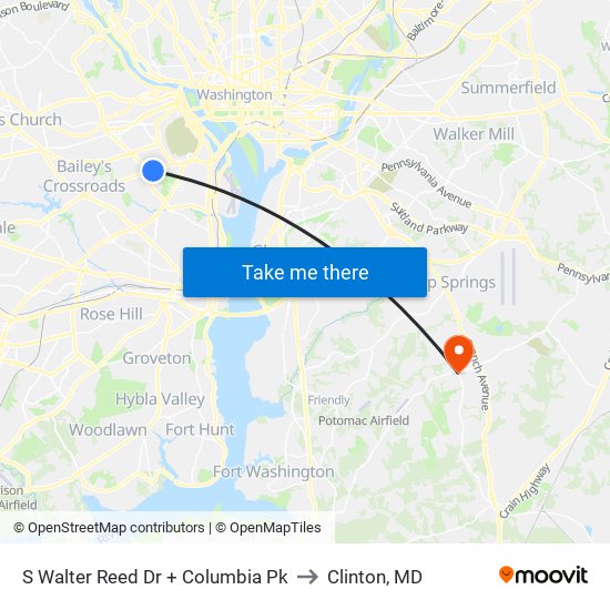 S Walter Reed Dr + Columbia Pk to Clinton, MD map