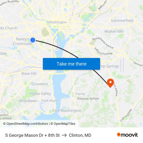 S George Mason Dr + 8th St to Clinton, MD map