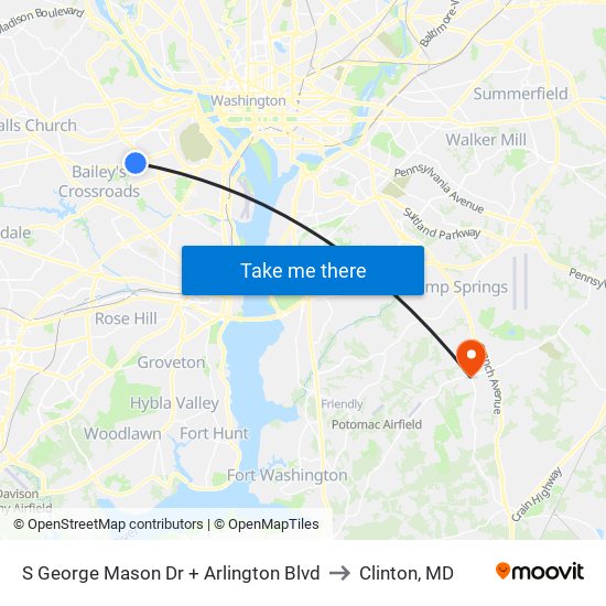 S George Mason Dr + Arlington Blvd to Clinton, MD map