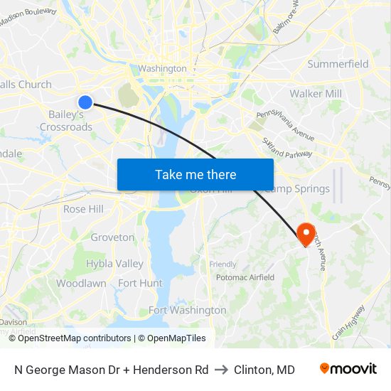 N George Mason Dr + Henderson Rd to Clinton, MD map