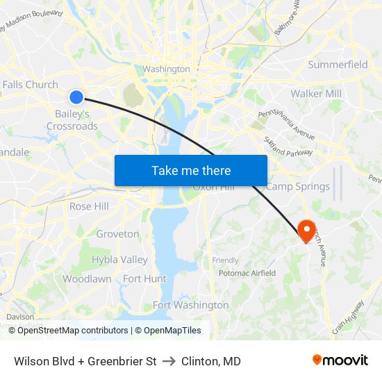 Wilson Blvd + Greenbrier St to Clinton, MD map