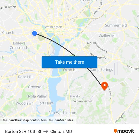 Barton St + 10th St to Clinton, MD map