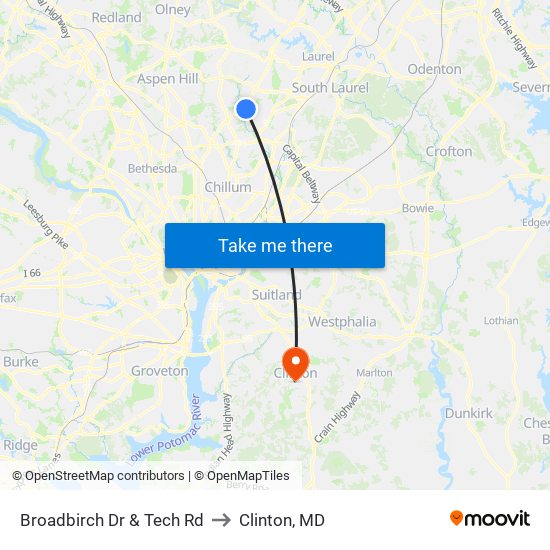 Broadbirch Dr & Tech Rd to Clinton, MD map