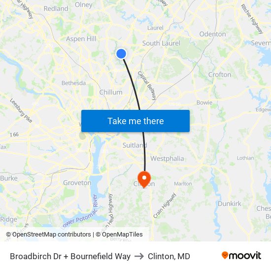 Broadbirch Dr + Bournefield Way to Clinton, MD map