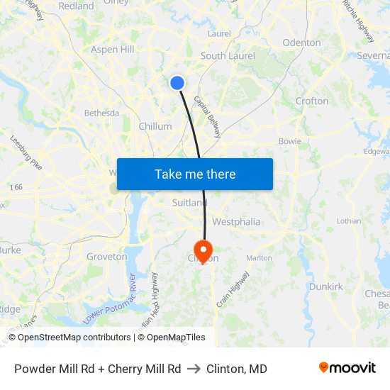 Powder Mill Rd + Cherry Mill Rd to Clinton, MD map