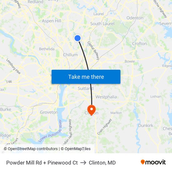 Powder Mill Rd + Pinewood Ct to Clinton, MD map