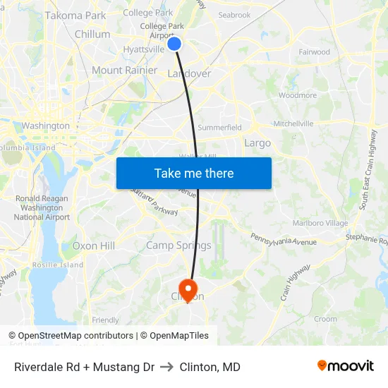 Riverdale Rd + Mustang Dr to Clinton, MD map
