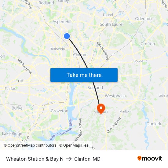 Wheaton Station & Bay N to Clinton, MD map