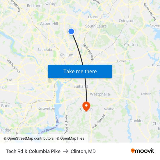 Tech Rd & Columbia Pike to Clinton, MD map