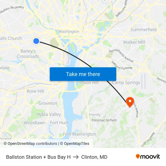 Ballston Station + Bus Bay H to Clinton, MD map