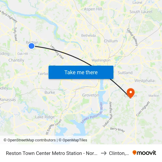 Reston Town Center Metro Station - North Bus Bay to Clinton, MD map