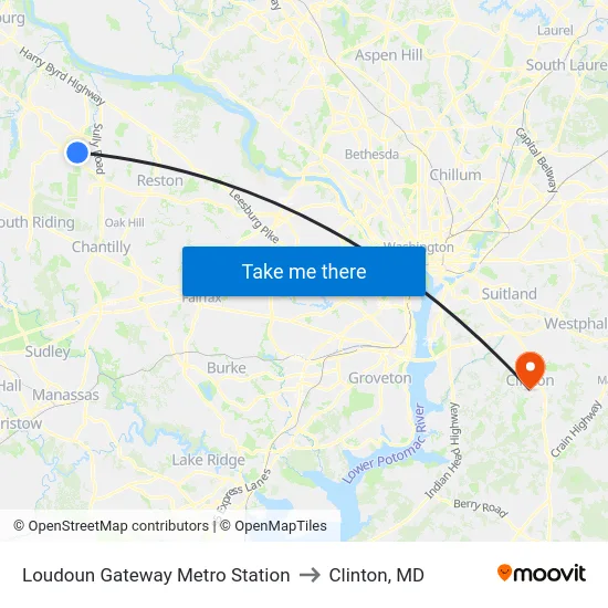 Loudoun Gateway Metro Station to Clinton, MD map