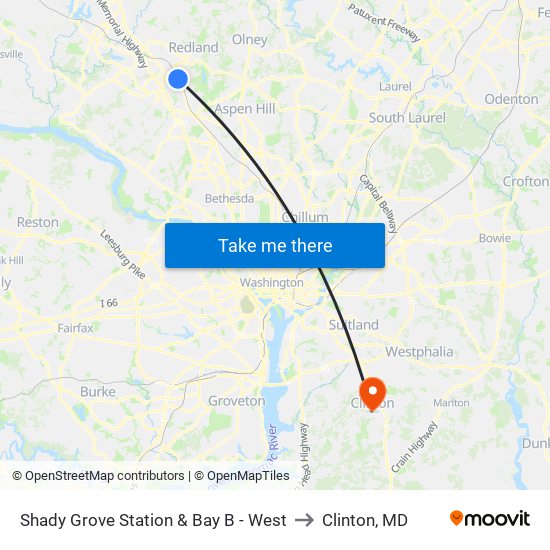 Shady Grove Station & Bay B - West to Clinton, MD map