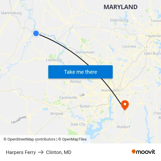 Harpers Ferry to Clinton, MD map