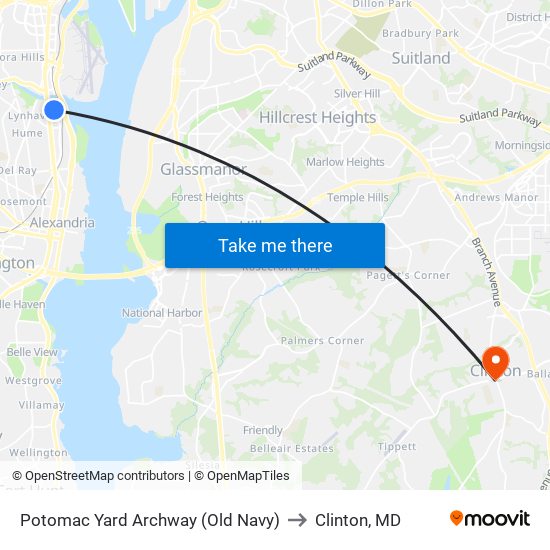 Potomac Yard Archway (Old Navy) to Clinton, MD map