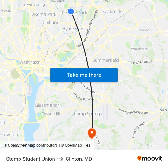 Stamp Student Union to Clinton, MD map