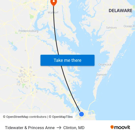 Tidewater & Princess Anne to Clinton, MD map