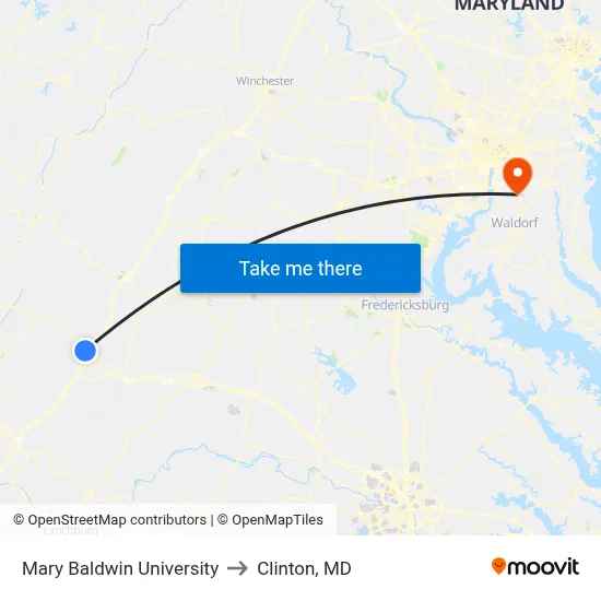 Mary Baldwin University to Clinton, MD map