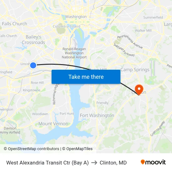 West Alexandria Transit Ctr (Bay A) to Clinton, MD map