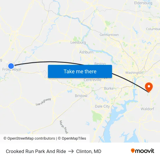 Crooked Run Park And Ride to Clinton, MD map