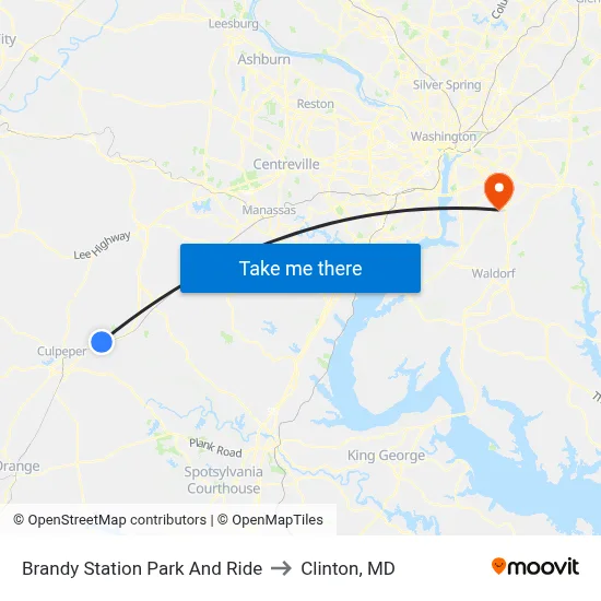 Brandy Station Park And Ride to Clinton, MD map