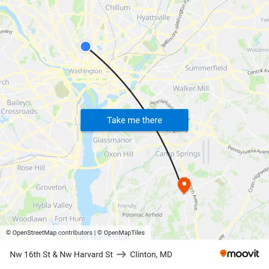 Nw 16th St & Nw Harvard St to Clinton, MD map