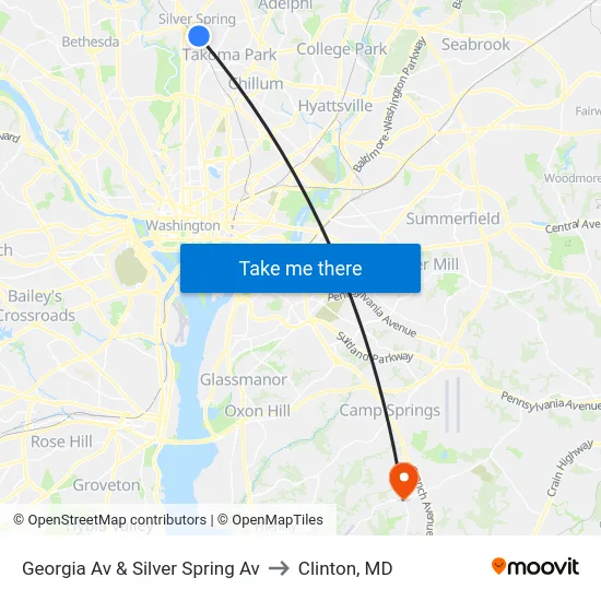 Georgia Av & Silver Spring Av to Clinton, MD map