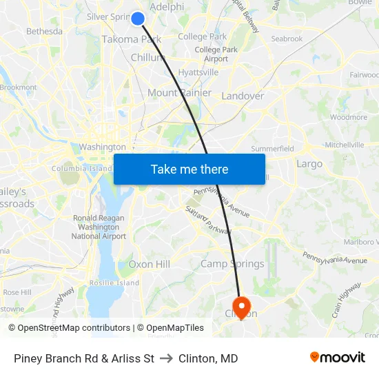 Piney Branch Rd & Arliss St to Clinton, MD map
