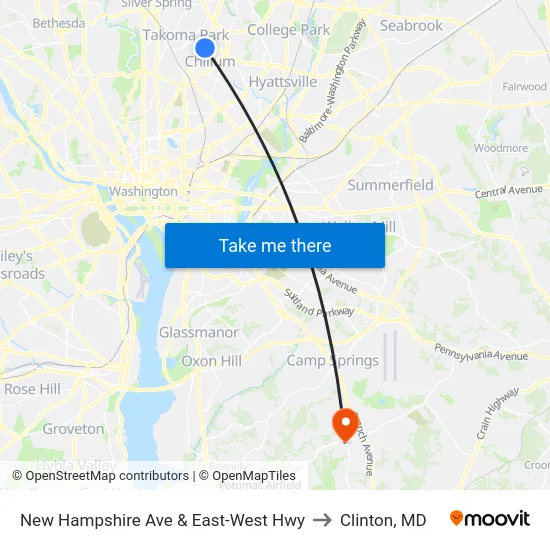 New Hampshire Ave & East-West Hwy to Clinton, MD map