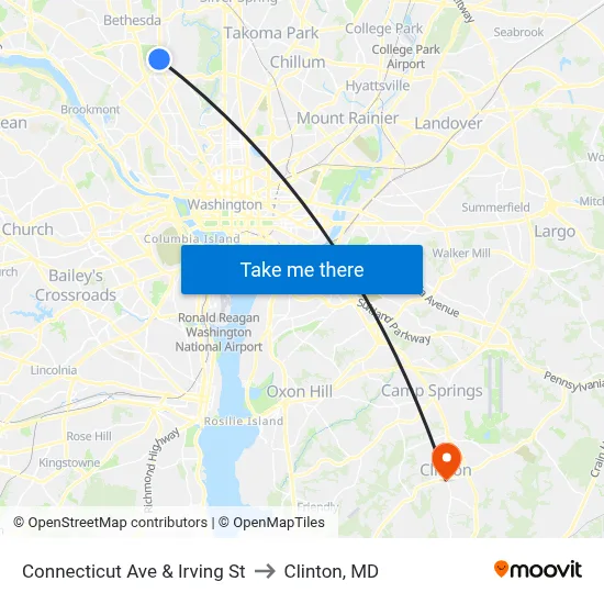 Connecticut Ave & Irving St to Clinton, MD map