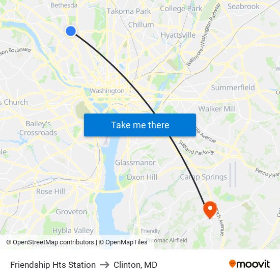 Friendship Hts Station to Clinton, MD map