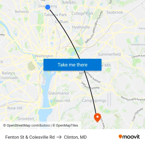 Fenton St & Colesville Rd to Clinton, MD map